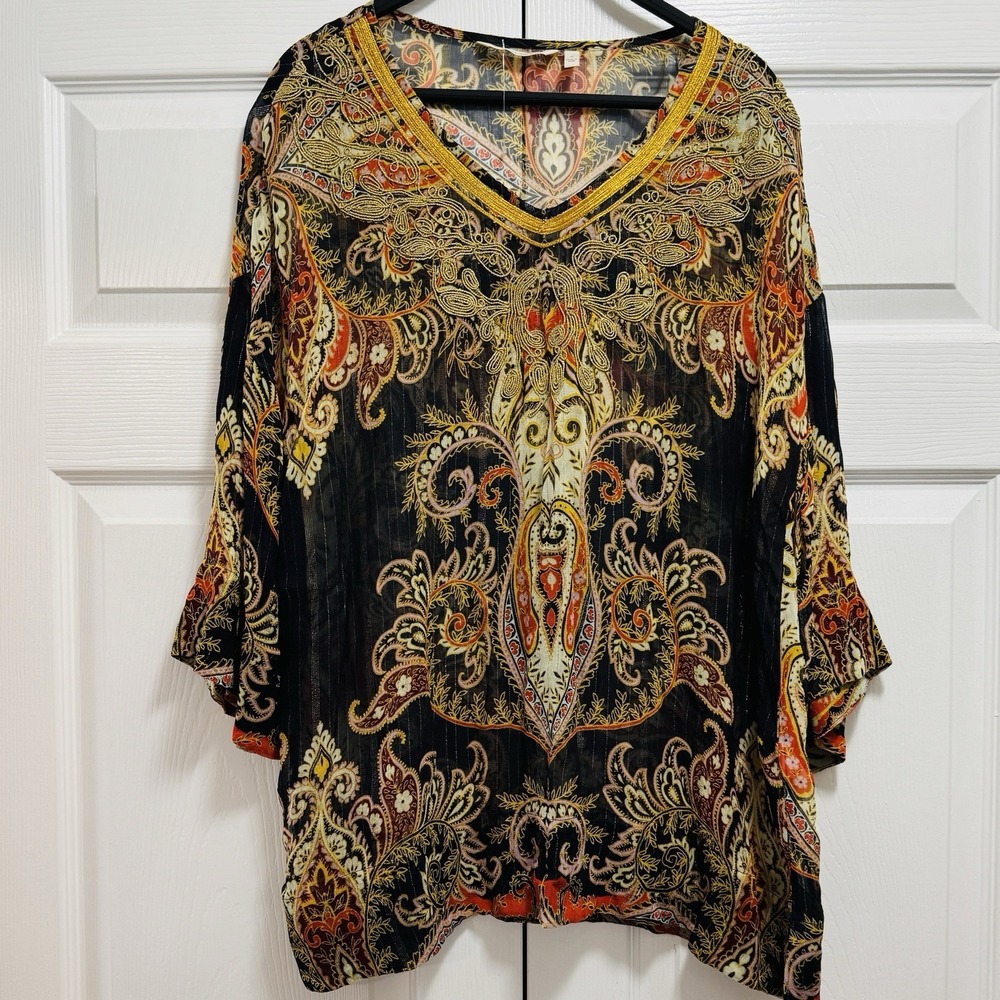 Soft Surroundings Black Gold Multi Sheer Tunic Top Boho Size Small